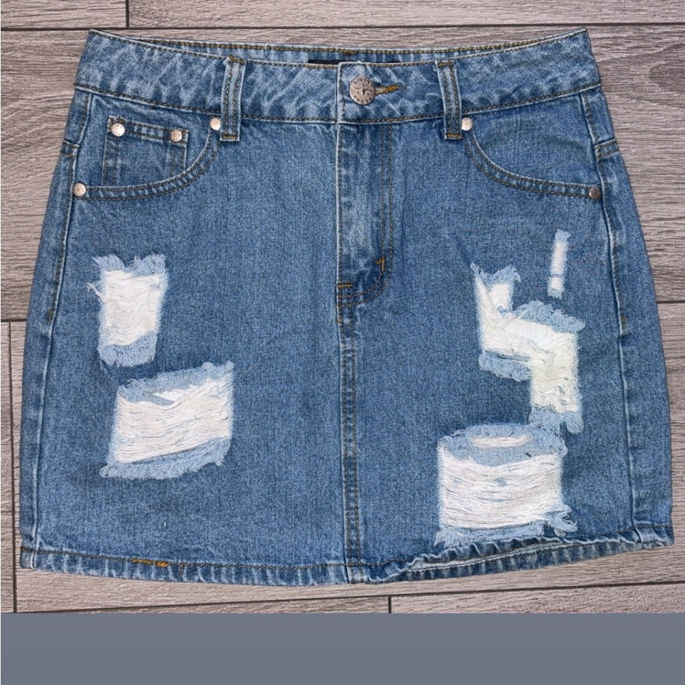Liquor N Poker Size 8 Denim Distressed Mini Skirt Cowgirl Rodeo Western EUC